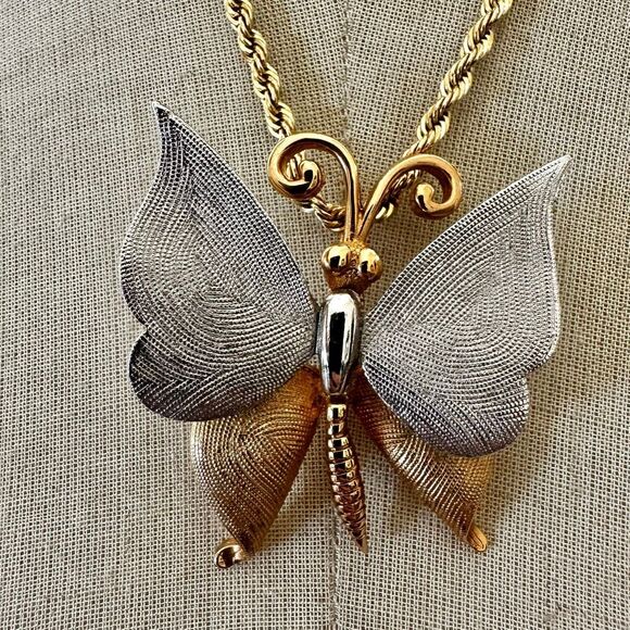 Two-Tone Butterfly Statement Pendant Necklace - Picture 1 of 9